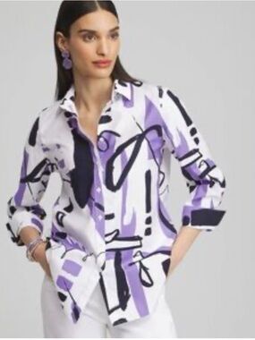 Chico's XL No Iron™ Stretch Purple & Black Abstract Print 3/4 Sleeve Blouse Top